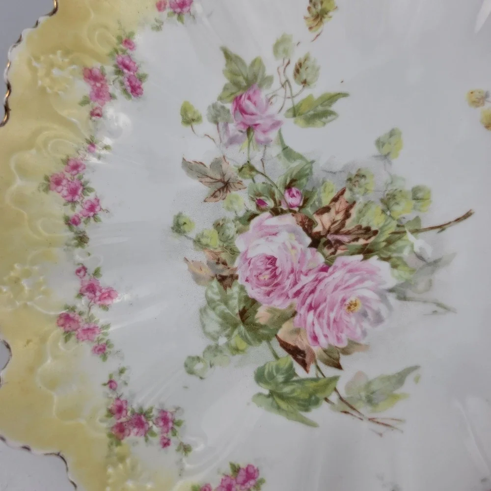 Antique Austria STAR Porcelain Bowl Yellow Rose Scalloped‎ Embossed Gold Gilt